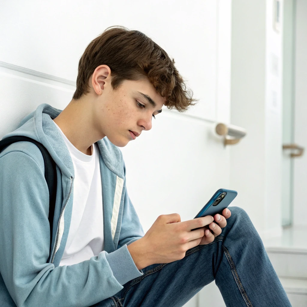 Thoughtful teenager using a mental health app